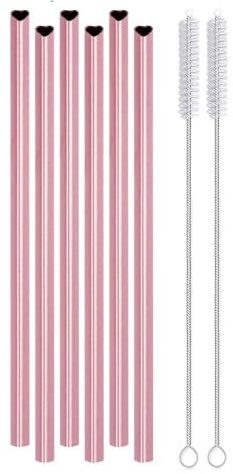 Huba Reusable Straws 6 Pack, Stainless Steel Drinking Straws, Heart Shaped Metal 2 Brushes for Smoothies Tumblers Cocktail Milkshake, Pink
