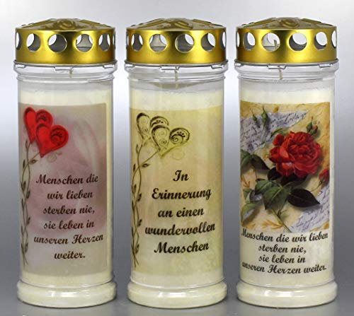 3 Stück Grablichter, Grabkerzen, 3er Set mit Spruch und Motiv, Größe 21x7,5 cm - Brenndauer ca. 7 Tage je Grablicht – 3856 – Elegante Gedenkkerzen, Trauerkerzen mit Spruch.