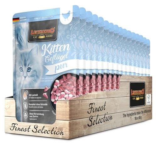 LEONARDO Frischebeutel [16x85g Kitten Geflügel] | Getreidefreies Nassfutter für Katzen | Feuchtfutter Alleinfutter im Einzelportionsbeutel
