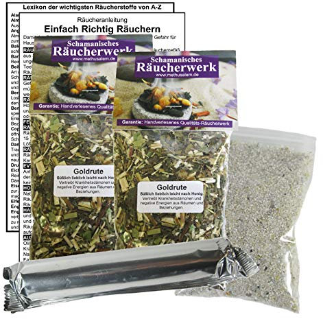 Goldrute Laurenzi-Lorbeer zum RÄUCHERN. 15-TLG Räucherset - 2X 60ml Räucherwerk mit Räucherkohle (10x) + Räuchersand + Räucheranleitung + Lexikon der wichtigsten Räucherstoffe A-Z. 82060-XX23