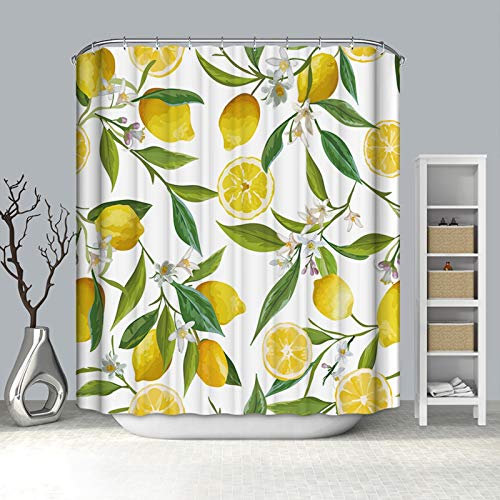 Rubyia Duschvorhang 180x200, Zitrone 3D Muster Duschvorhang Lang, Polyester, Weiß Gelb