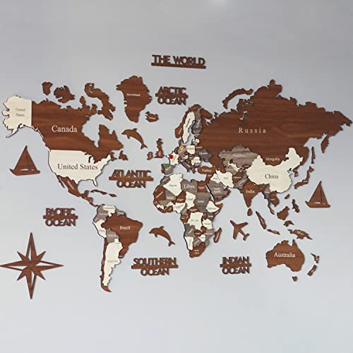 Carte du monde 3D en bois, carte murale en bois, cadeau de pendaison de crémaillère, carte du monde, décoration murale, carte de voyage en bois, cadeau d'anniversaire (L Standard – 150 x 89 cm)