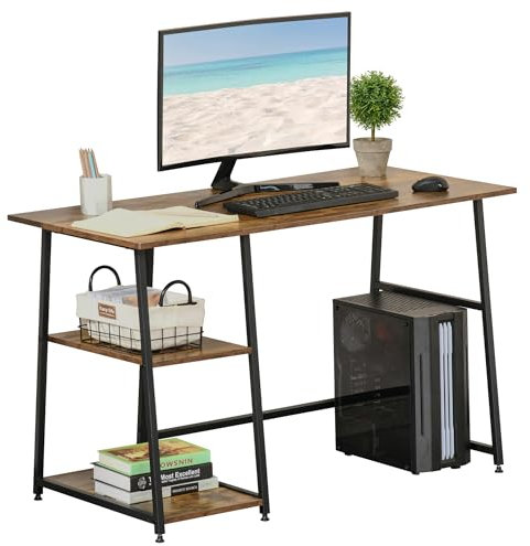 HOMCOM Computer Desk with Storage, Industrial Home Office Desk with 2 Tier Shelves and Steel Frame, Work Desk for Study Room, Black and Rustic Brown