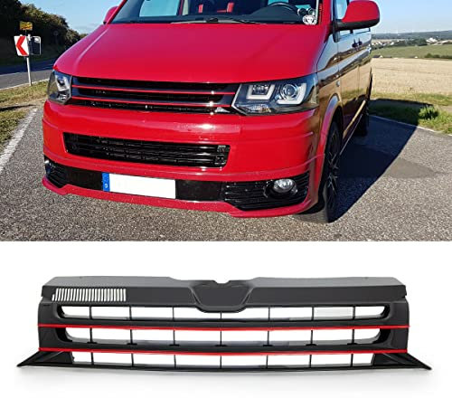 DM Autoteile Kühlergrill Grill Clean Schwarz lackiert Leiste Rot kompatibel für VW T5 GP Facelift 09-15