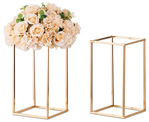 Sziqiqi 2 Stück Metall Blumenboden Vase- Blumenständer Geometrische Mittelstücke Vase für Tische, Hoch Goldene Blumenhalter für Home Party Hochzeit Dekorationen, Rechteckige Blumen Display Rack, 40cm