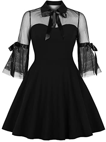 Damen Vintage Polka Dot 1950er Audrey Retro Rockabilly Ballkleid 50er 60er A-Linie Cocktail Party Swing Kleid, Schwarze Glockenmanschette, Mittel