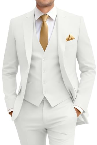 Amyox Herren Slim Fit 3 Teiliger Anzug Zwei Knöpfe Business Hochzeitskleid Tux Anzug Set Jacke Weste Hose mit Krawatte, elfenbeinfarben, XL
