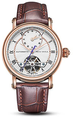 SEA-GULL Seagull Herrenuhr GMT Uhren Skelett Schwungrad Uhr für Herren Automatikuhr Master Series 519.11.6041, braun, Riemen