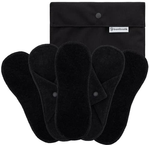 Bamboolik|Waschbare Slipeinlage | Bio-Baumwoll-Frottee | Druckknopf |5er-Set - Schwarz + mini Wetbag Schwarz|wiederverwendbar|MADE IN EU|Stoffslipeinlagen Ausfluss|Stoffbinden
