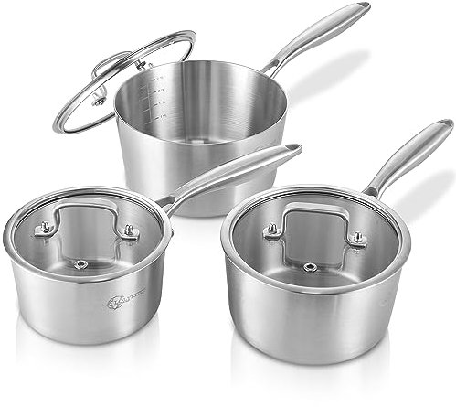 LOLYKITCH Lot de 3 casseroles en acier inoxydable triple épaisseur avec couvercle, 1,5 l, 2,5 l et 3 l