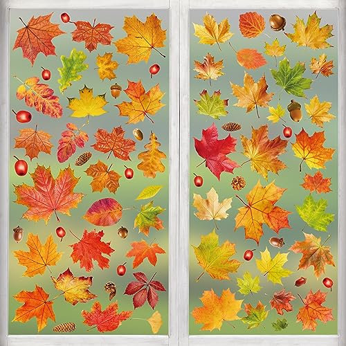 Herbst Fensterbilder, 78 Stück Thanksgiving Fenster Aufkleber, Herbst Blätter Fensteraufkleber, Thanksgiving Dekorationen, Ahornblätter Marone Fenster Sticker für Thanksgiving Deko
