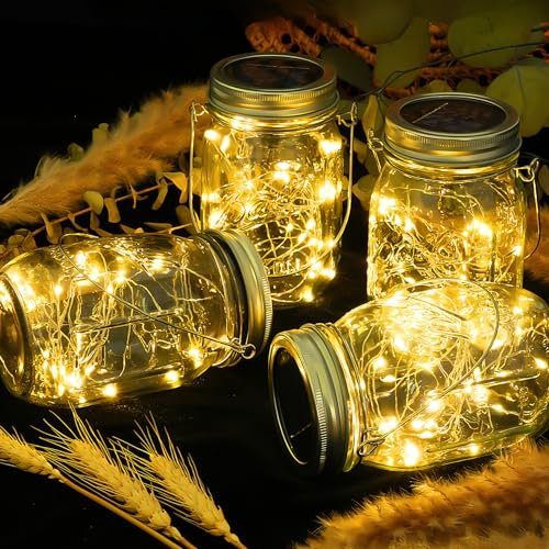 Paxluv Lanterne Solaire Exterieur Jardin - Lot de 4 - Lanterne Exterieur Solaire à Poser ou Suspendre - Lanternes 30 LED, Decoration exterieure. Lanterne Solaire Autonome & Econome. Verre 13.4 x 7 cm