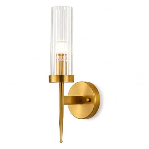 NICRX Vintage Wandleuchte Kristall Rillenglas E14 Messingoptik 1-flammig | Festverdrahtete 43cm Wandlampe mit klarem Glas für Schlafzimmer Flur Wohnzimmer Treppe und Eingang