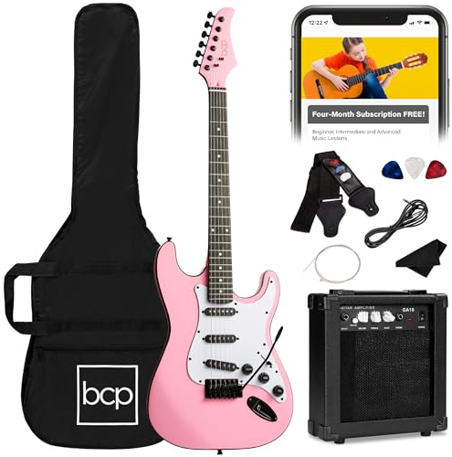 Best Choice Products 39in Full Size Beginner Electric Guitar Starter Kit w/Case, Strap, 11W Amp, Strings, Pick, Tremolo Bar - Pink