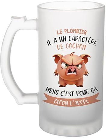 Chope Le plombier Caractère de Cochon | Verre à bière Pinte Métier Collègue Cadeau Travail Boulot Départ Retraite