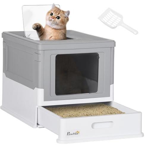 PawHut Arenero Cubierto para Gatos Bandeja Higiénica Desmontable con Entrada Frontal y Salida Superior con Pala Incluida para Gatos de hasta 5kg 47,5x35,5x36,7 cm Gris y Blanco