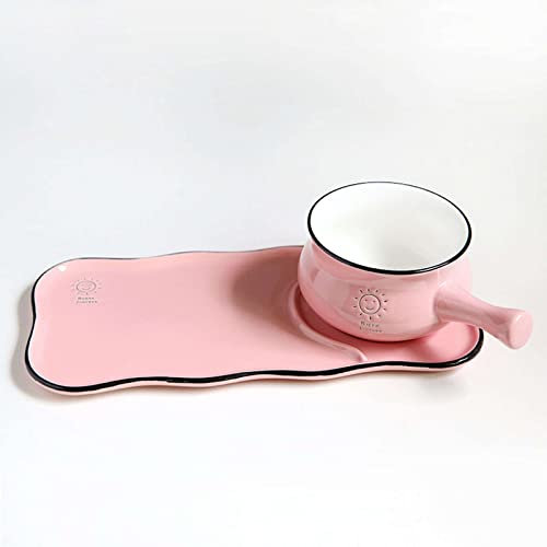 OUSIKA Salad Bowl Soup Bowls Soup Mug with Handles, Ceramic Breakfast Plates Set for Breakfast Sandwich Soup Coffee Cereal Serving Bowls-Pink Plate