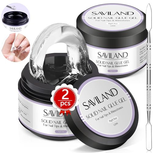 Saviland Solid Nail Glue Gel for Press on Nails: 2PCS 15g Gel Nail Glue for Acrylic Nails Extra Strong False Nail Glue Rhinestone Glue Gel for Long Lasting Fake Nails Home Salon DIY U V/LED Lamp Cured