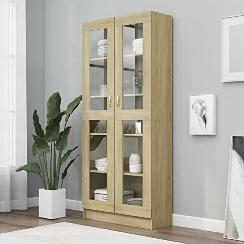 Gecheer Vitrinenschrank Bücherschrank mit 5 Fächern und 2 Türen Hochschrank Aktenschrank Vitrine Schrank für Wohnzimmer Küche Esszimmer Büro, Sonoma-Eiche 82,5x30,5x185,5 cm Holzwerkstoff