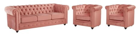 Vente-unique-Couchgarnitur 3+1+1 - Samt - Rosa - Chesterfield