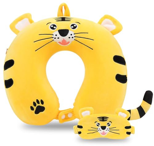 MissSoul Reisekissen, Kinder-Reisekissen mit Schlaf-Augenmaske, weiches Memory-Schaum-Nackenkissen für Kinder, Jungen & Mädchen, Teenager, Reisezubehör für Flugzeug – Tiger-Nackenkissen