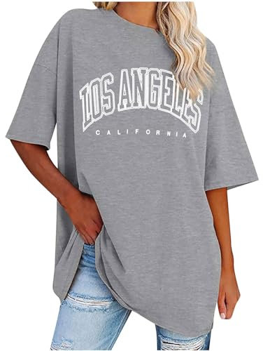 UHouse Prime Damen Tshirt Vintage Grafik Drucken Tunika Freizeit Los Angeles Baumwolle Shirts Teenager Tuniken Oversized Tie-Dye Muster Tee T-Shirt Rundhals Retro Bluse Damenmode Sale Grau 4XL