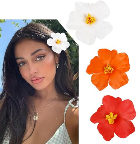 Moguri 3 Stück Hawaiiblumen Haarschleifen für Frauen, Plumeria Hibiskus Haarspangen 8.75cm Künstliche Blumenspangen für Strandurlaub und Party, Sommeraccessoires