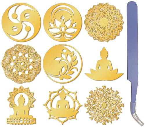 craspire 9 Stück Goldene Metallaufkleber Mit Datura-Buddha-Muster, Blumenaufkleber Mit Pinzette, Orgonit-Aufkleber, Wasserdicht, Selbstklebend, Dekorationsaufkleber, Abziehbilder Für Sammelalben