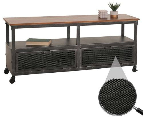 Mueble bajo HWC-N28, estante de TV, ruedas con 2 compartimentos, estructura 3D, industrial, retro, metal, madera, 55 x 130 x 36 cm, color negro, marrón