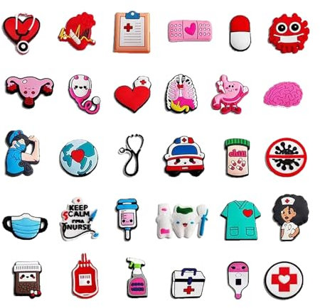 Bieiyhe 30 Stück Schuhanstecker Krankenschwester Pins Anstecker Medizin Schuh Charms Nurse Anstecker Schuhschmuck Cartoon-Schuh-Dekoration Schuhanhänger für Clogs Accessories DIY Schuhdekorationen