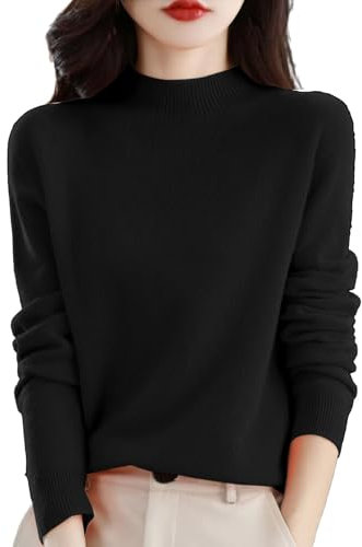 Cashmere Jumpers Ladies Women's Semi Turtleneck Sweater Long Sleeve Solid Color Pullover with A Base Shirt Autumn and Winter Warm Loose Sweater Jumpers for Women UK Black