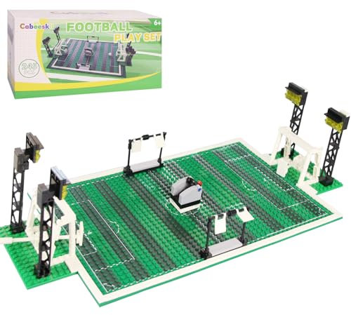 Fußballfeld Bausteine set, mit 3 Baustein Grundplatte, 2 Fußballtor, 2 Fußballwerfer und Fußbällen, kompatibel mit Allen führenden Marken, fussball Spielzeug für Erwachsene und Kinder geeignet