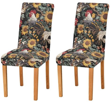CHIFIGNO Stuhlhussen für Esszimmer, 2 Stück, Vintage-Hahn und Sonnenblumen, dekorativer Parson-Stuhlschonbezug, abnehmbare Stuhlschoner für Zeremonie, Party, Bankett