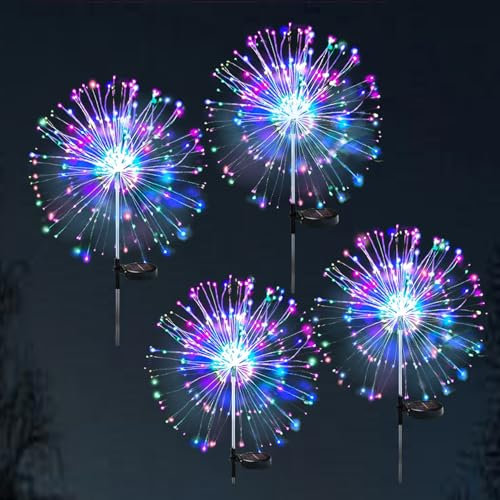 Solar Garden Lights Outdoor, 4 Pack 600 LED 8 Modes Colourful Firework Lights Solar Powered Waterproof Garden Ornaments for Yard, Patio, Pathway, Flowerbed, Party, Wedding, Christmas Decorations