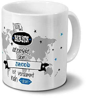 printplanet Tasse mit Namen Jacob - Motiv Nicht Perfekt, Aber... - Namenstasse, Kaffeebecher, Mug, Becher, Kaffeetasse - Farbe Weiß