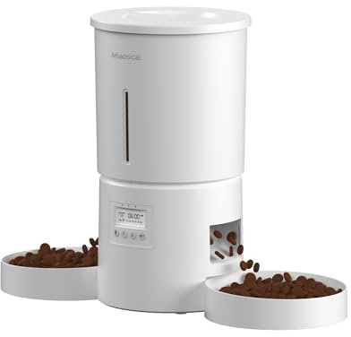 Miaosical Futterautomat Katze mit Doppelnäpfen für 2 Katzen, Kätzchen & kleine Hunde Futterspender (Weiß, 4.2L+Grundlegend 2 Schalen)