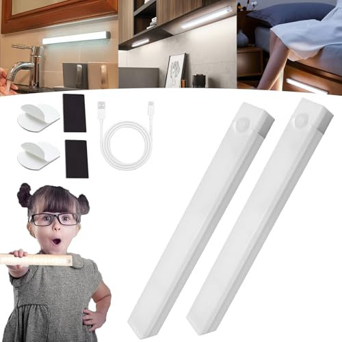 Punch-Free Smart Sensor Magnetic Rechargeable Led Lights, Rechargeable Motion Activated Cabinet Lights, Motion Sensor Light Indoor, Under Cabinet Bedroom Stair Lighting Wireless Indoor (White*2,30CM)