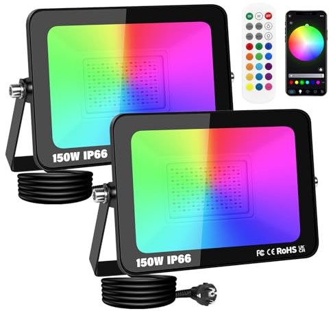 PICAA 2 pezzi 150W RGB Faretto LED da Esterno Proiettore 15000LM, Controllo APP Dimmerabile Cambio Colore Lampada, Fari Led Esterno per Giardino Palco Partito