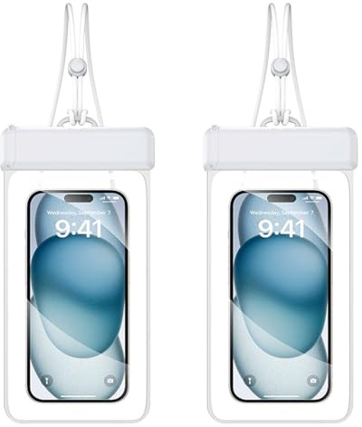 HOMTERN Waterproof Phone Pouch,2 Pack IPX8 Waterproof Phone Case for Swimming,Large Waterproof Cases Fits 7.2 Phones with Case for iPhone 17 16 15 14 Pro Max and Other Cell Phones White