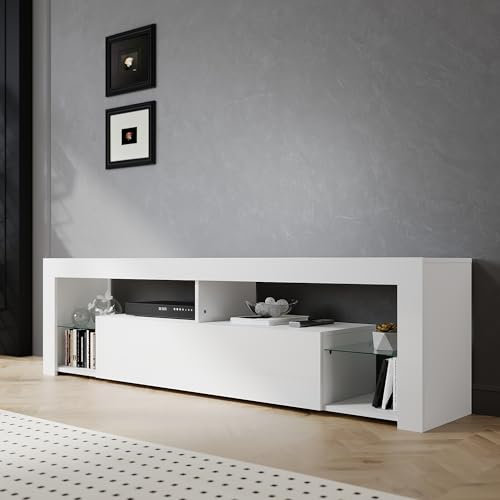 SIRHONA Meuble TV LED Blanc, Banc TV 180x35x50.5cm, Éclairage LED RGB avec Couleur réglable, Capacité de Charge 30 kg, Convient pour Salon ou Chambre