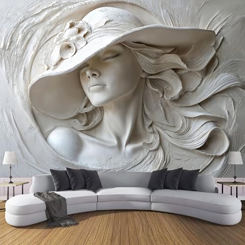 Fototapete 3D Effekt 3D Frauenrelief Tapete Schöne Frau Mit Hut Tapeten Vliestapete Modern Wandtapete Wohnzimmer Wanddeko Motivtapeten 300×210cm(W×H)