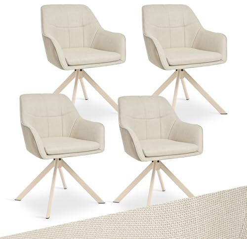 Goeurvant Esszimmerstühle Drehbar 4er Set mit Armlehne – 360°Drehbar Polsterstuhl Modern Drehstuhl Küchenstuhl mit Beige Metallgestell und Lehne für Esszimmer, Büro, Beige