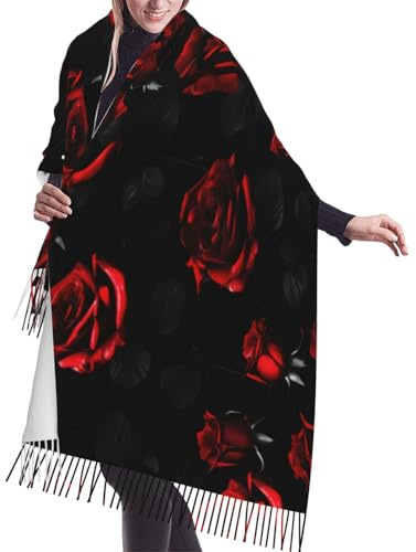 YQxwJL Pashmina con stampa di rose rosse e nere scialle da donna scialli e impacchi in cashmere con spalle superiori maglione scialle sciarpa