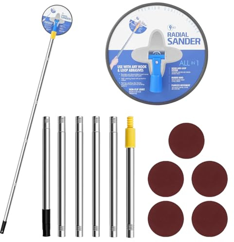 innislink 9 Inch Pole Sander for Drywall, 360° Rotation Dry Wall Sander with 180cm Extension Pole & 5pcs Sanding Sheet(80/100/120/180/240 Grit), Round Hand Radial Sander for Sanding High Ceiling