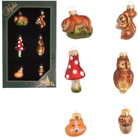 Krebs Glas Lauscha Baumschmuck „Waldtiere Mini-Set“ - Mehrfarbig - 5cm - Handgefertigte mundgeblasene Weihnachtsornamente mit charmanten Tiermotiven für Festliche Dekoration