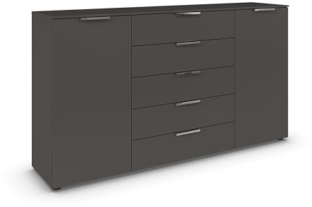 Rauch Möbel Flipp, Kommode, Farbe Graphit, Breite 180 cm | Sideboard, 2-türig, 5 Schubladen, Soft-Close-Funktion, für Schlafzimmer, Gästezimmer, Wohnzimmer, Garderobe, Flur
