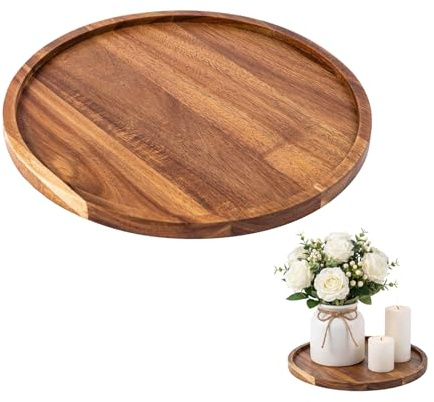 Round Wooden Coffee Table Tray, 20×20cm Decorative Vintage Serving Platter | Wood, Candle Holder Tray for Desserts Kitchen Decor Farmhouse Home Accents