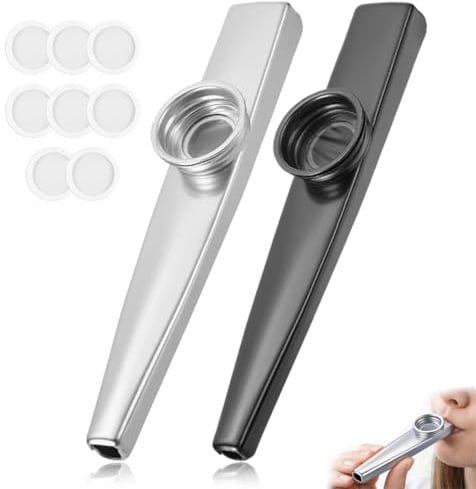 ROLKUFA 2 kazoo in lega di alluminio con 8 membrane sostitutive, strumento musicale per bambini in età prescolare, per imparare la musica, nero e argento