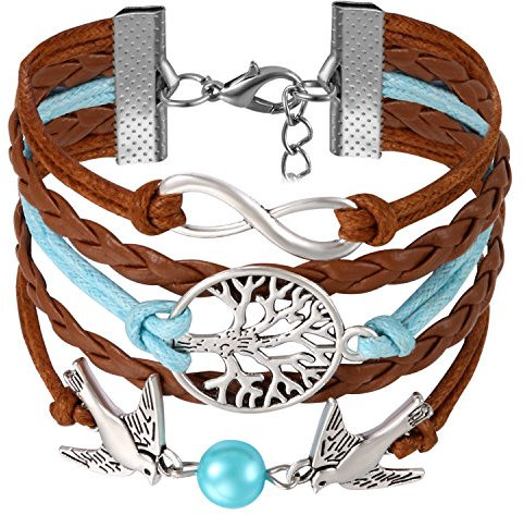 JewelryWe Schmuck Freundschaft Armband, Vintage Turteltauben Vögel Baum des Lebens Infinity Unendlichkeit Zeichen Leder Legierung Seil Charm Armreif Wickelarmband, Blau Braun Silber