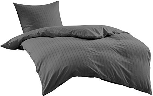Bettwaesche-mit-Stil Mako Satin Damast Streifen Bettwäsche Garnitur Lima gestreift mit Reißverschluss (Anthrazit, 135 x 200+ 80 x 80)